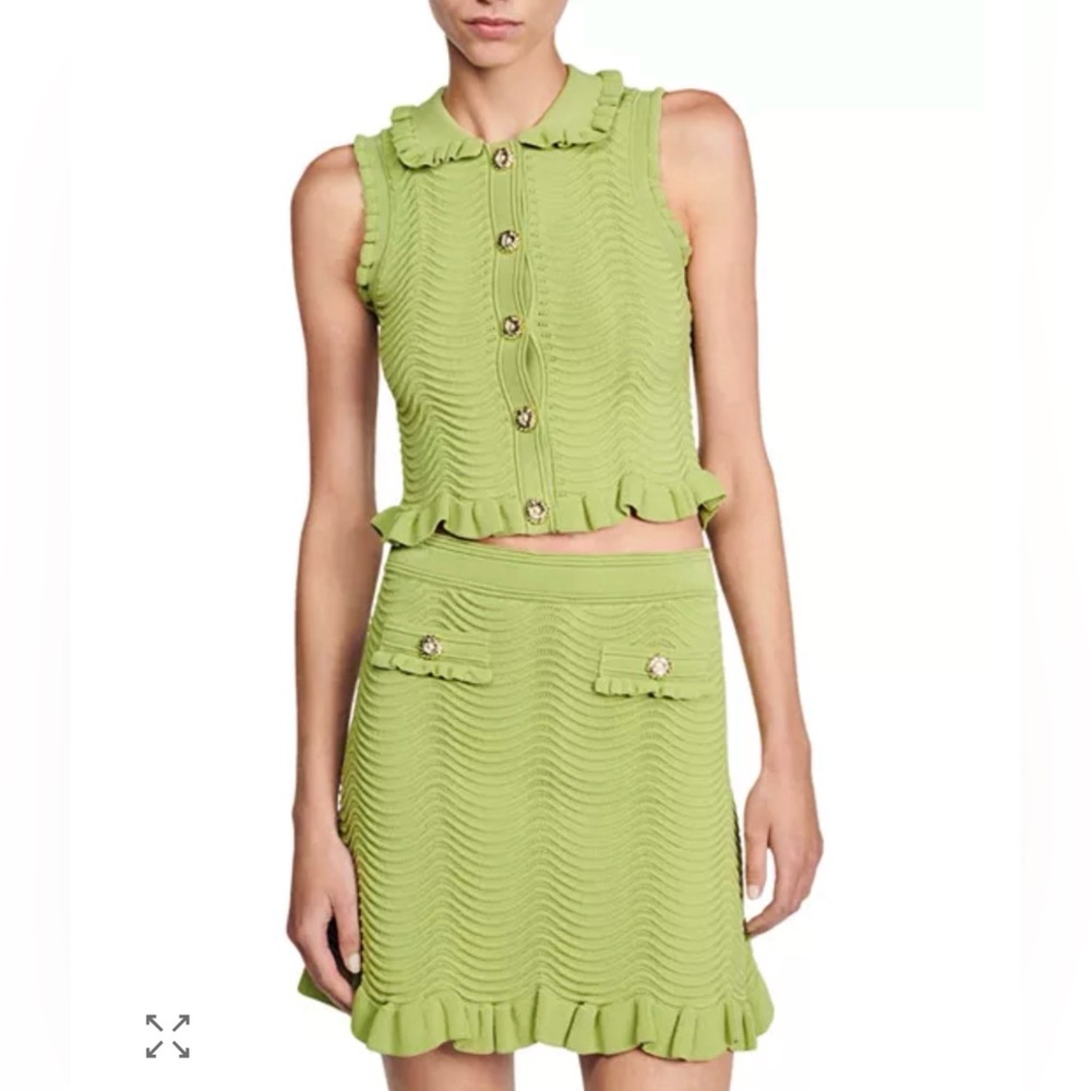 Sandro Light Lime Knit Two-Piece Set with Gold Flower Buttons